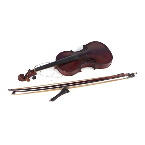 24 - A two-piece back violin, 59cms long, in a wooden case with two bows (a/f); together with an Italian ... 