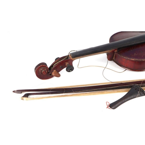 24 - A two-piece back violin, 59cms long, in a wooden case with two bows (a/f); together with an Italian ... 