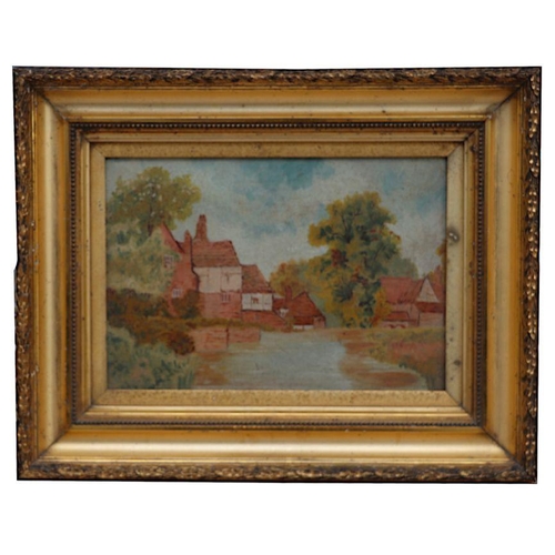 246 - Early 20th century school - Study of a Mill Pond - oil on canvas, framed, 25 by 17cms.