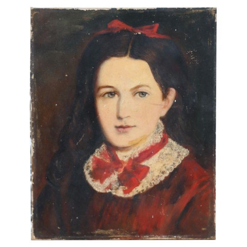 247 - Victorian school - Portrait of a Young Girl Wearing a Red Dress - oil on canvas, unframed, 30 by 38c... 