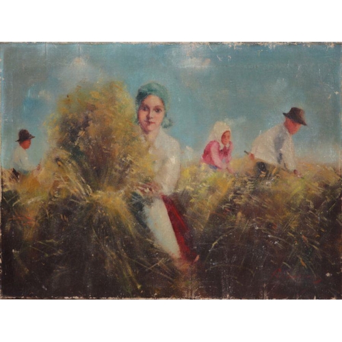 248 - Continental school - Peasants Harvesting - indistinctly signed  lower right, oil on canvas, unframed... 