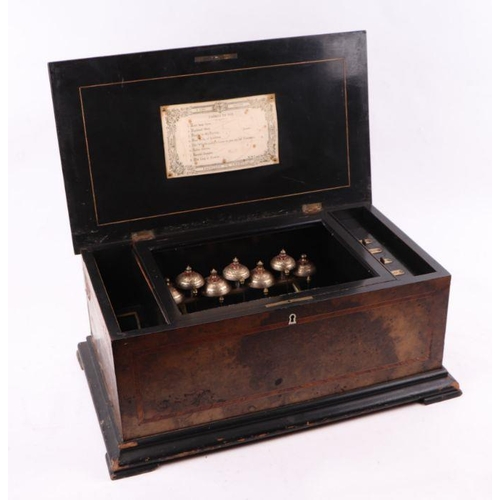 26 - A late 19th century Swiss cylinder music box playing eight airs striking on seven bells, 54cms wide.