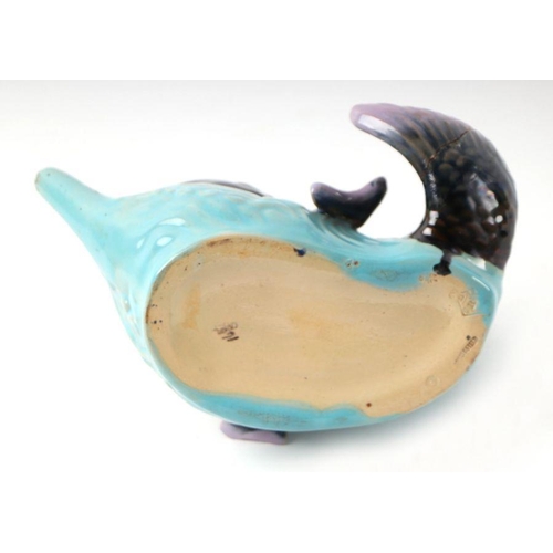 343 - A late Victorian Brownfield majolica teapot and cover in the form of a fish jumping out of the sea, ... 