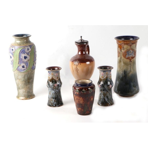 348 - A group of Royal Doulton stoneware vases; together with a Doulton Lambeth stoneware water jug, the l... 