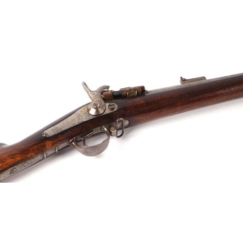 45 - A 19th century French percussion rifle with sprung lever breach barrel, suspension loops and bayonet... 