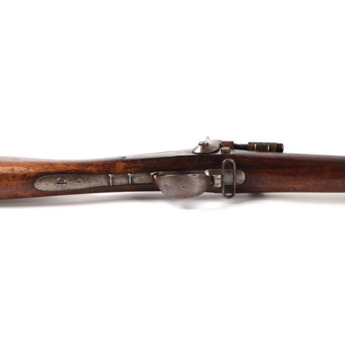 45 - A 19th century French percussion rifle with sprung lever breach barrel, suspension loops and bayonet... 