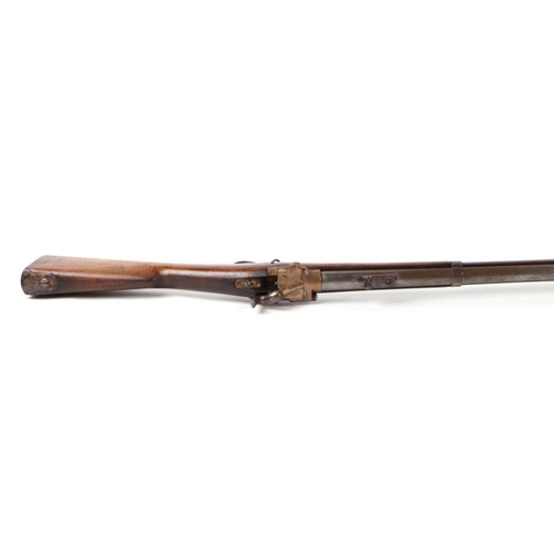 45 - A 19th century French percussion rifle with sprung lever breach barrel, suspension loops and bayonet... 