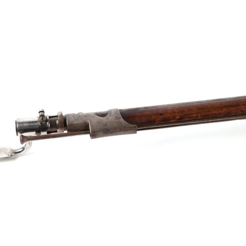 45 - A 19th century French percussion rifle with sprung lever breach barrel, suspension loops and bayonet... 