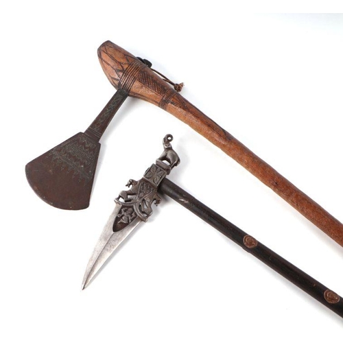 53 - An African tribal axe with carved wood shaft, 59cms long; together with an Indian zhaghnal (2).