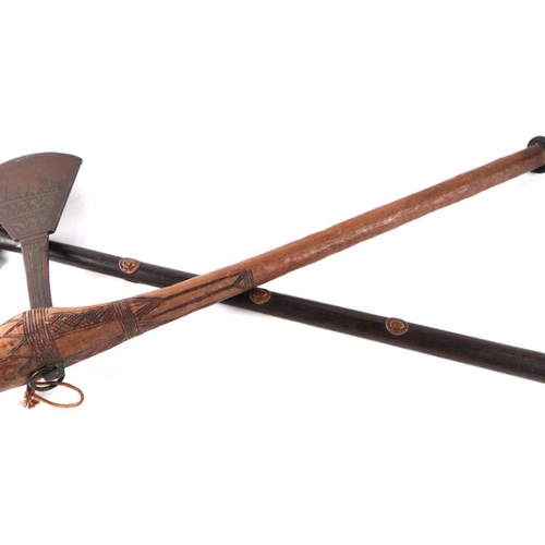 53 - An African tribal axe with carved wood shaft, 59cms long; together with an Indian zhaghnal (2).