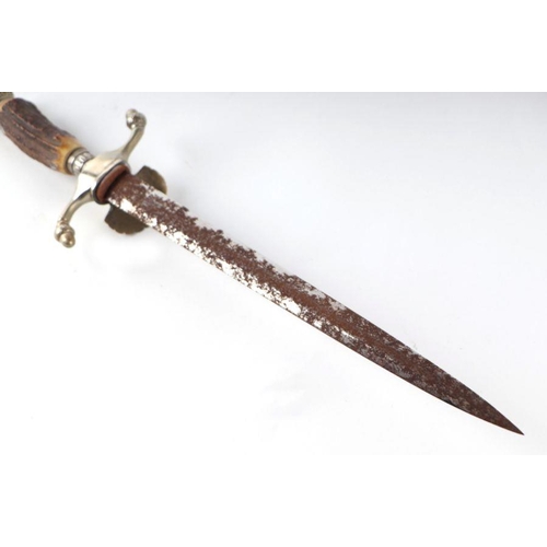 55 - A German hunting knife with engraved steel blade and antler handle, 37cms long.