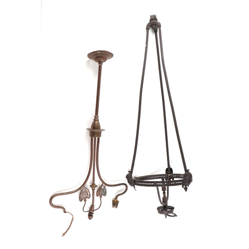 153 - An Art Nouveau brass twin-arm ceiling light; an Edwardian gas ceiling light; together with a brass s... 