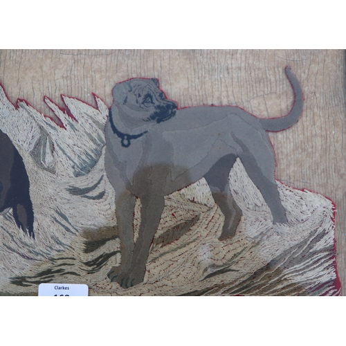 168 - A late 19th century embroidery and felt work depicting two dogs standing in a stream, framed & g... 