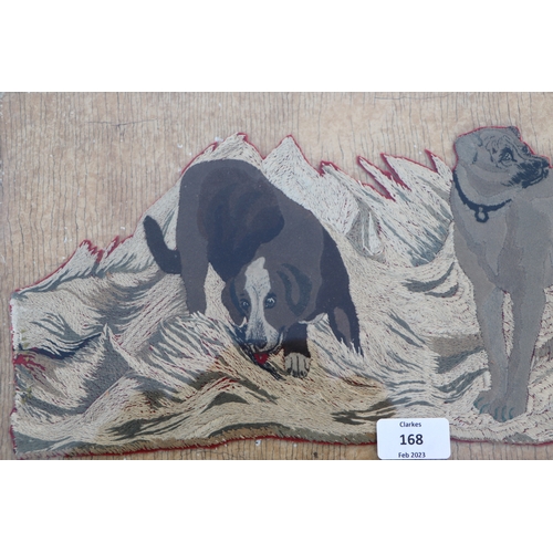 168 - A late 19th century embroidery and felt work depicting two dogs standing in a stream, framed & g... 