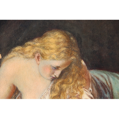 240 - A Pre Raphaelite style Victorian study of a recumbent girl reading a book, indistinctly signed and d... 