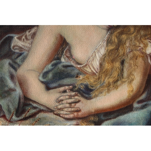 240 - A Pre Raphaelite style Victorian study of a recumbent girl reading a book, indistinctly signed and d... 