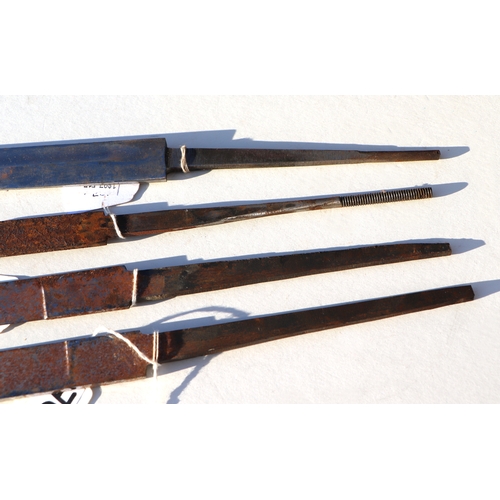 76 - Five military sword blades. Lengths including tangs: Straight blade 100cms (39.375ins), Curved blade... 