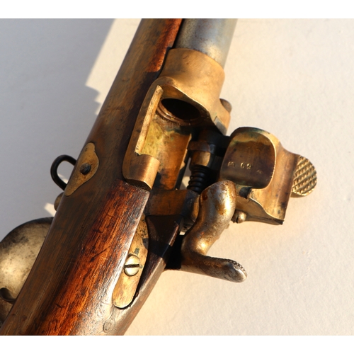 45 - A 19th century French percussion rifle with sprung lever breach barrel, suspension loops and bayonet... 