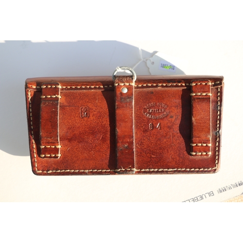 77 - Swiss Army leather ammunition pouch or cartridge case 22.5cms (8.875ins) wide, stamped to the revers... 