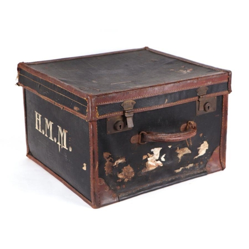 113 - A leather trimmed Rexine travel case, 46cms wide.