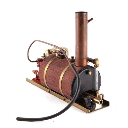 124 - A Steam Plant with brass bound coopered barrel, traditional gauges and copper funnel, 126cms long.