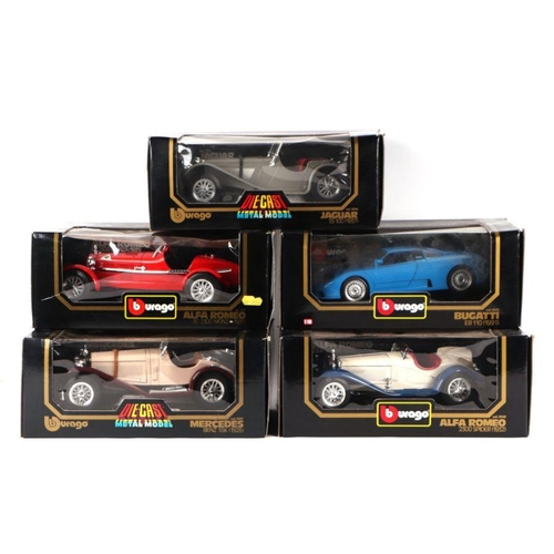 161 - Five Bburago 1/18 scale metal diecast cars comprising Bugatti, an EB110, Alpha Romeo, 8C Monza, Alfa... 