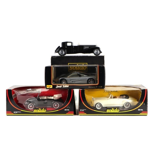 166 - Four Solido 1/18 scale diecast metal cars comprising Bugatti Royale, Maclaren F1, Rolls Royce Drophe... 