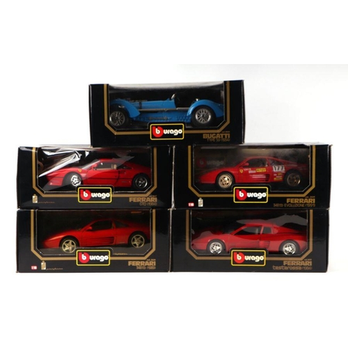 177 - Five Bburago 1/18 scale diecast vehicles comprising two 88GTO Ferrari Testarossa, Ferrari 348TB, Bug... 