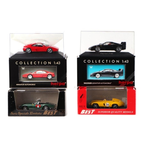 213 - Four 1-43 scale diecast cars comprising Best Model Ferrari 275 GTB/4 Spider (SLO2); together with an... 