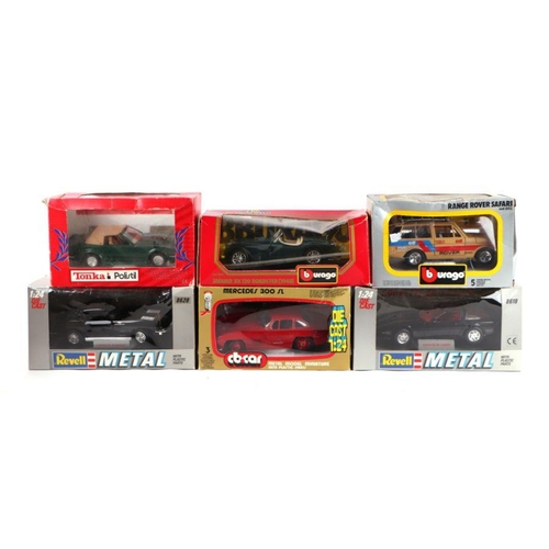 215 - Eight 1/24 scale diecast vehicles comprising Revell Corvette Stingray, another Corvette ZR-1 coupe, ... 