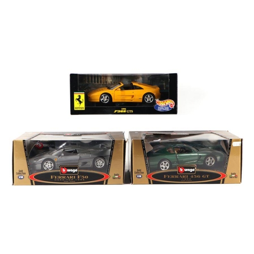 224 - Three 1/18 scale diecast cars comprising Hot Wheels Ferrari F355GTS, Bburago Ferrari F50 and a Bbura... 