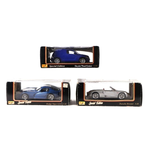 225 - Three Maisto Special Edition 1/18 scale diecast cars comprising Chrysler Panel Cruiser, Porsche Boxt... 