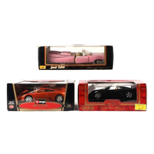 226 - Three 1/18 scale diecast cars comprising Bburago Bugatti BE 110, Mira Golden Line Ferrari 512TR Test... 