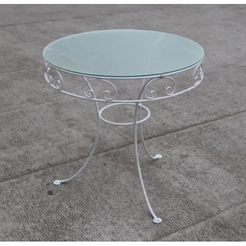 27 - A painted wire work two-tier garden table with a circular frosted glass top, 76cms diameter.