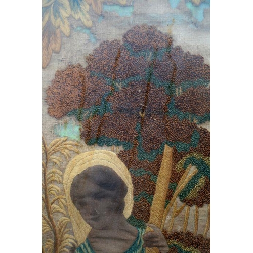 301 - An 18th / 19th century silkwork panel depicting Moses in the bulrushes, framed & glazed, 65 by 6... 