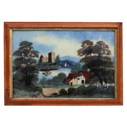 312 - A Victorian reverse painting on glass depicting a landscape scene with castle and windmill, 56 by 36... 