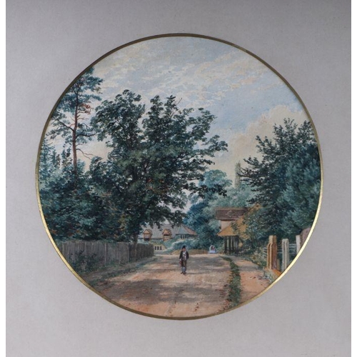 338 - 19th century school, a circular rural landscape scene, harvesting with church in the background toge... 