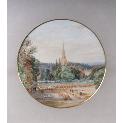 338 - 19th century school, a circular rural landscape scene, harvesting with church in the background toge... 