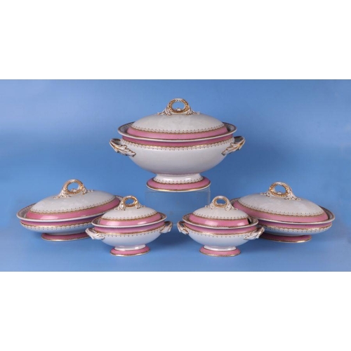 444 - An extensive 19th century Royal Worcester dinner service with pink borders and gilt highlights, to i... 