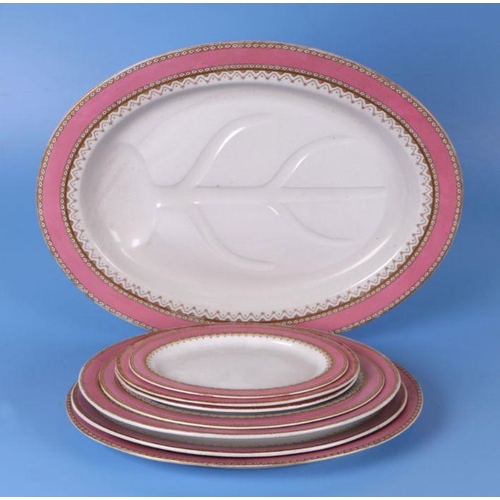 444 - An extensive 19th century Royal Worcester dinner service with pink borders and gilt highlights, to i... 