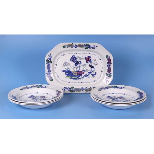 445 - A Spode Bude pattern part dinner service to include dinner plates, soup bowls and meat plates.