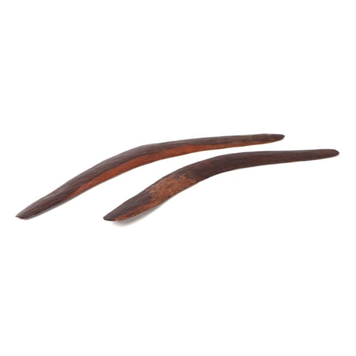 473 - Two Australian aboriginal boomerangs with simple carved decoration, 62cms wide and 55cms wide (2).