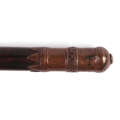 484 - An Indian pilgrim's walking stick with copper finial with inscription 'Di Bahraich', 99cms long