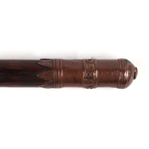 484 - An Indian pilgrim's walking stick with copper finial with inscription 'Di Bahraich', 99cms long