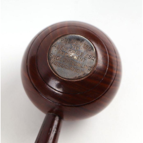 502 - A mid century presentation lignum vitae gavel resented to 'Alex Paige Esquire President English Bowl... 