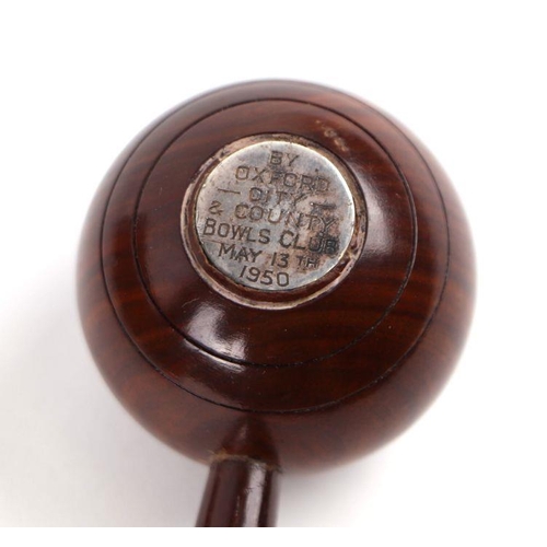 502 - A mid century presentation lignum vitae gavel resented to 'Alex Paige Esquire President English Bowl... 