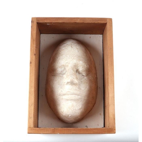 510 - A plaster death mask, 26cms high, in a wooden crate.