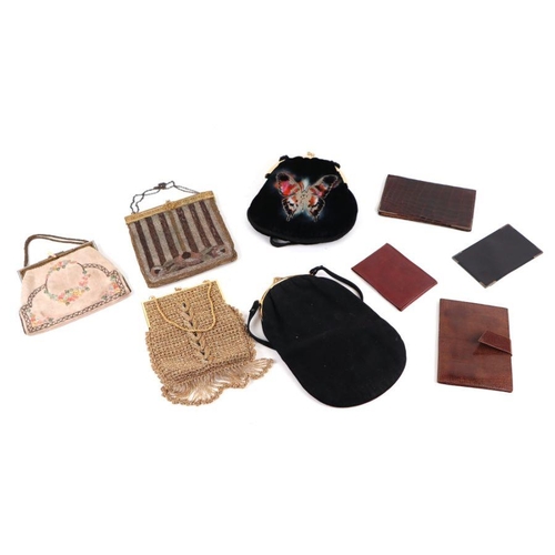 516 - A quantity of vintage leather and faux crocodile ladies handbags, purses and gloves; together with a... 