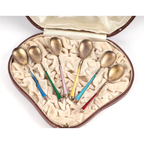 552 - A set of six silver gilt and guilloche enamel caviar spoons by Marius Hammer, Bergen (1847-1927), ca... 