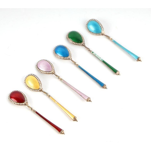 552 - A set of six silver gilt and guilloche enamel caviar spoons by Marius Hammer, Bergen (1847-1927), ca... 